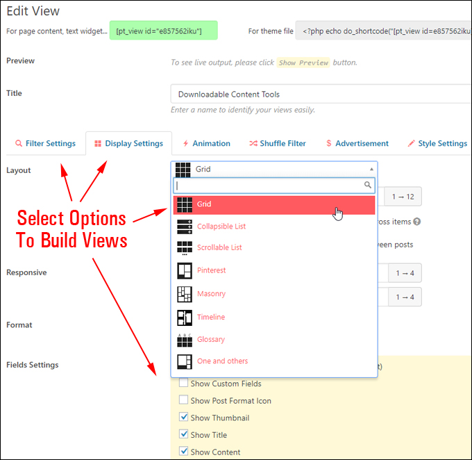 Create different content views by selecting options