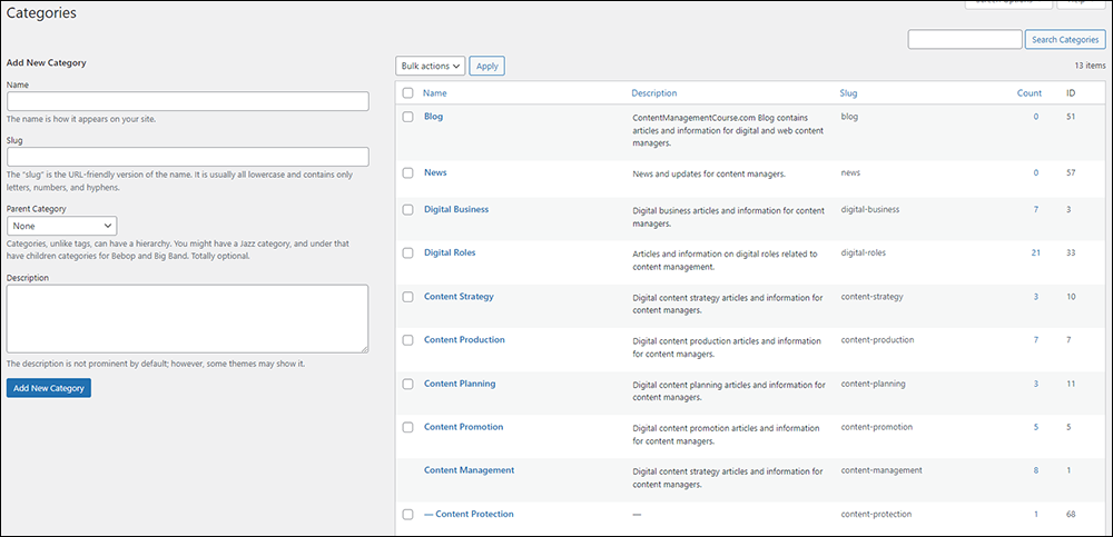 WordPress post categories screen