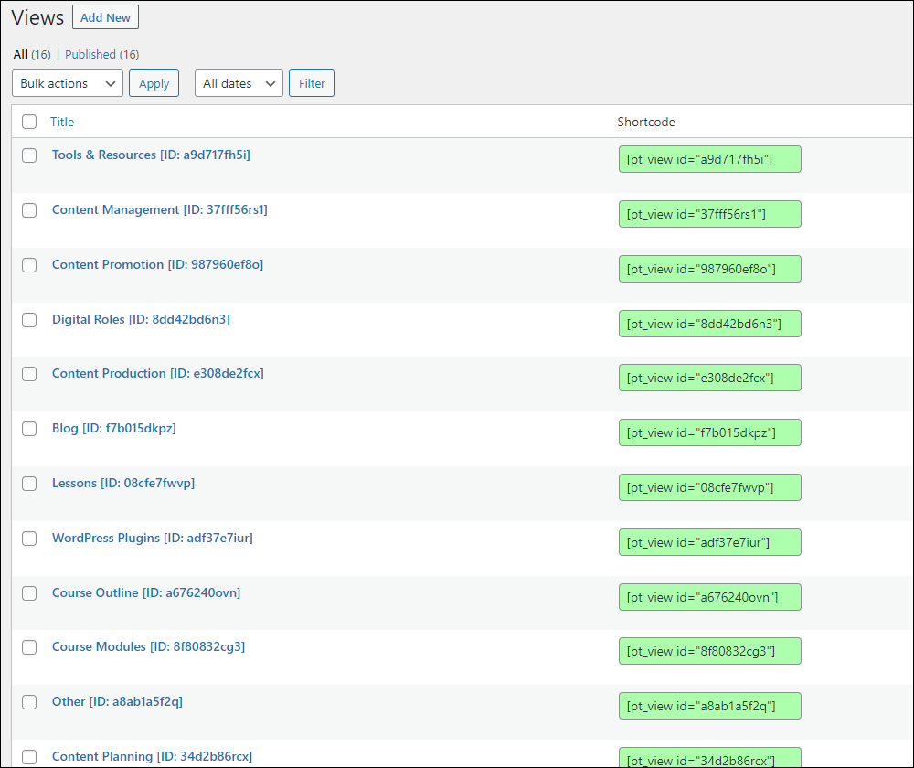 Content Views screen