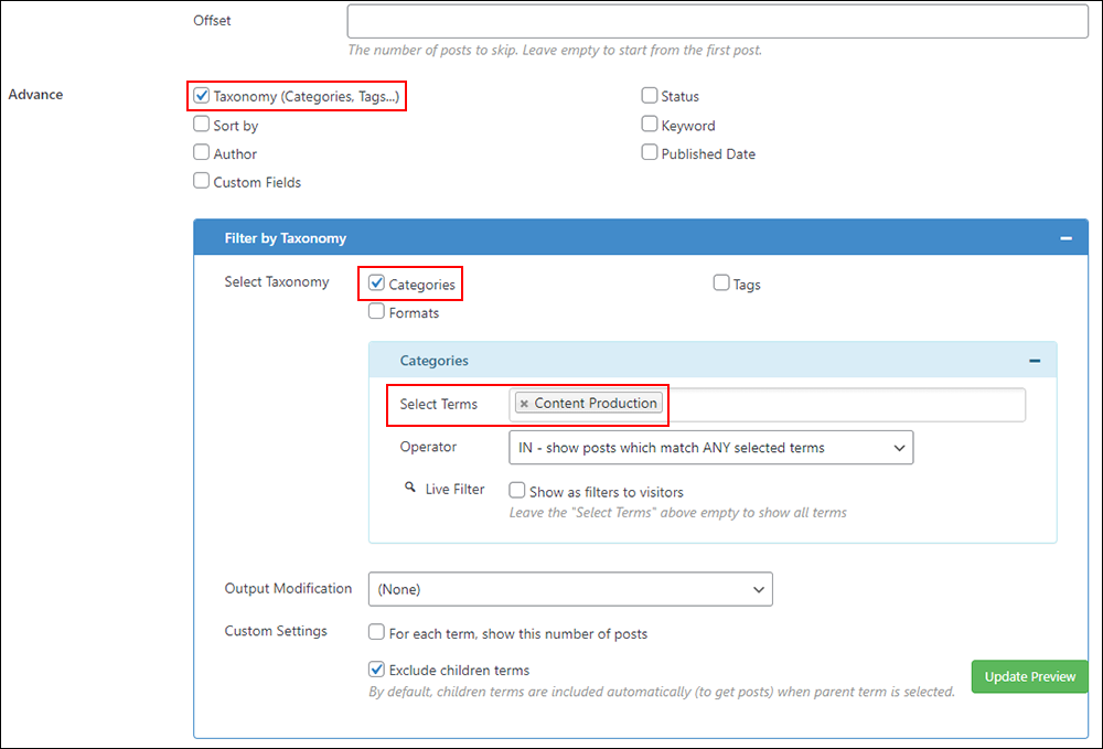 Content Views Plugin - Advanced Settings