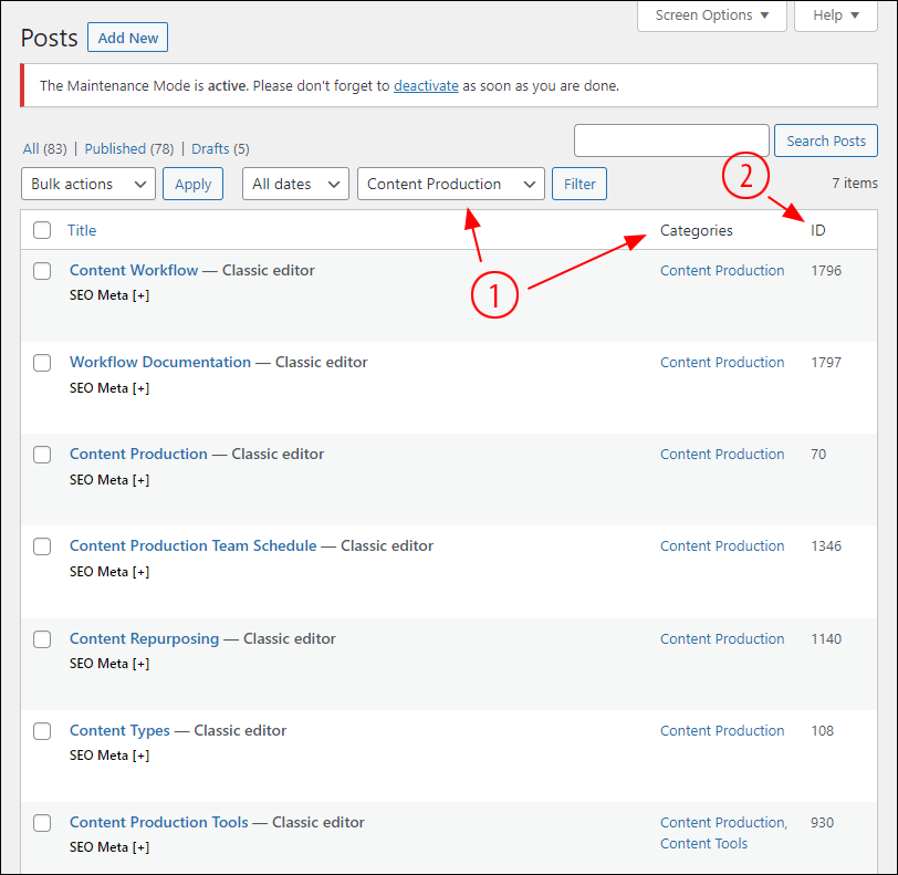 WordPress Posts filtered by category.