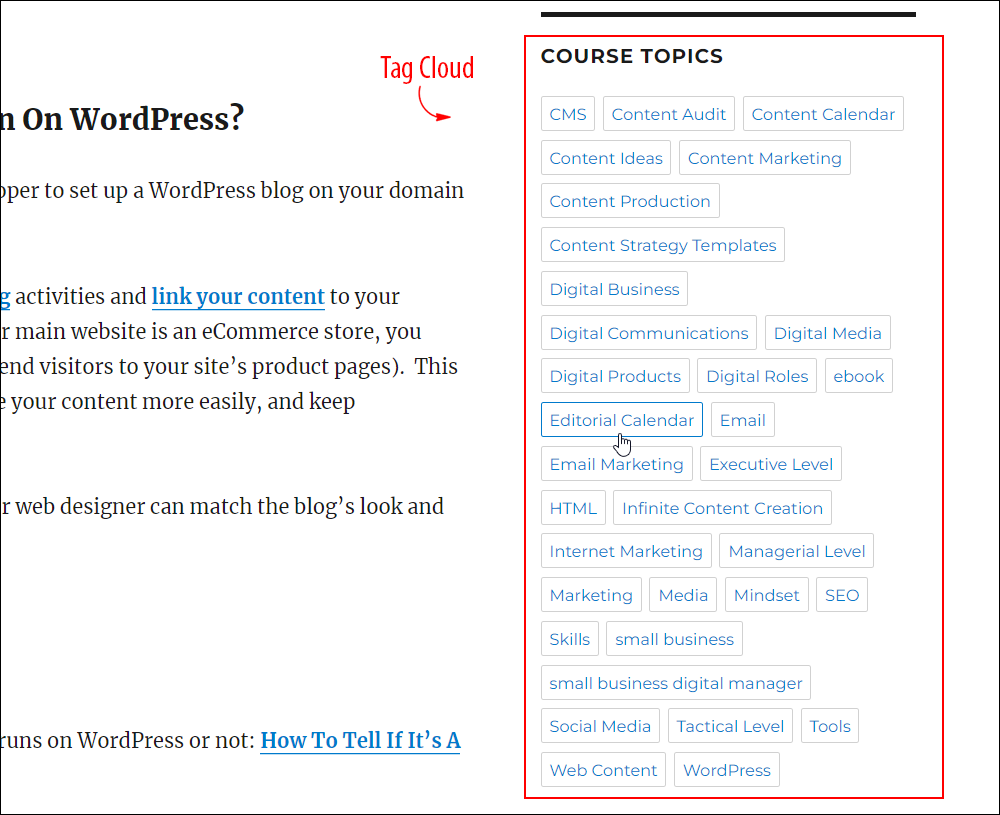 Blog sidebar with tag cloud.