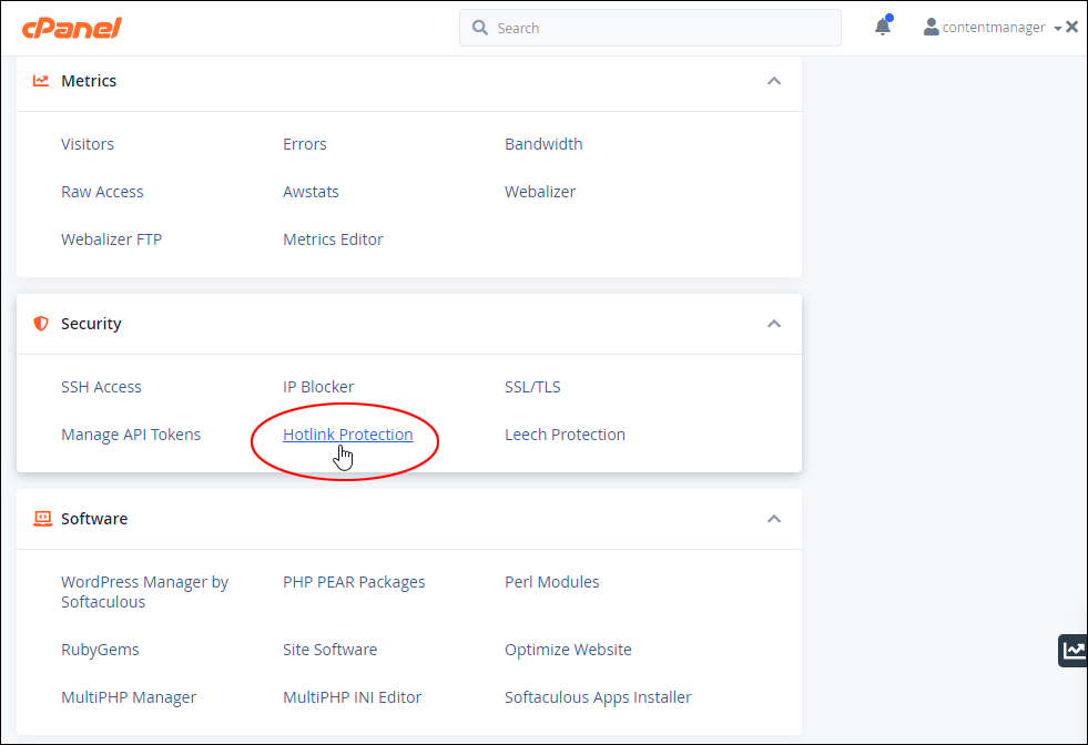 cPanel Dashboard: Security tools - Hotlink Protection.