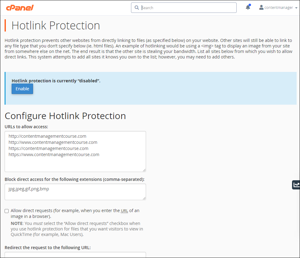 Prevent hotlinking with cPanel - Hotlink Protection screen.