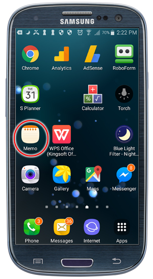 Image of phone with apps installed, including a Memo app.