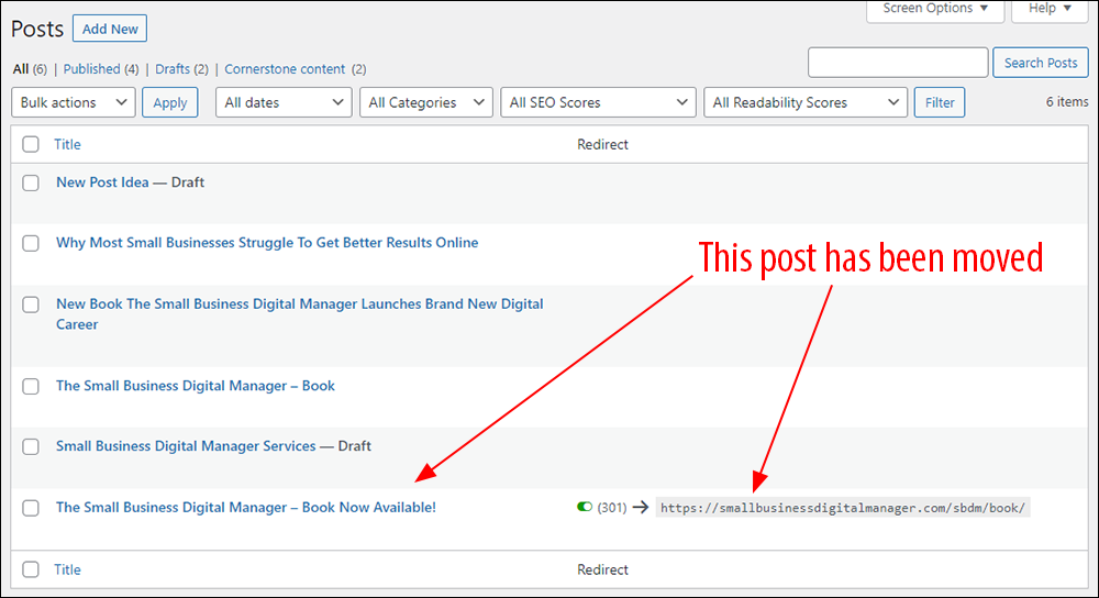 Posts Table showing a redirected post.