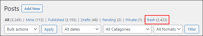 Screenshot of Posts table with Trash menu highlighted showing thousands of trashed posts.