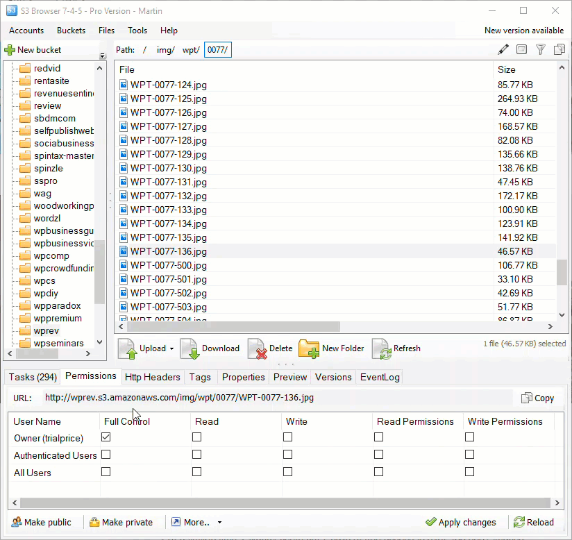 Animated image showing how to set permissions for Amazon S3 files.