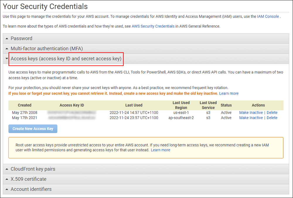 AWS Dashboard- Your Security Credentials - Access keys