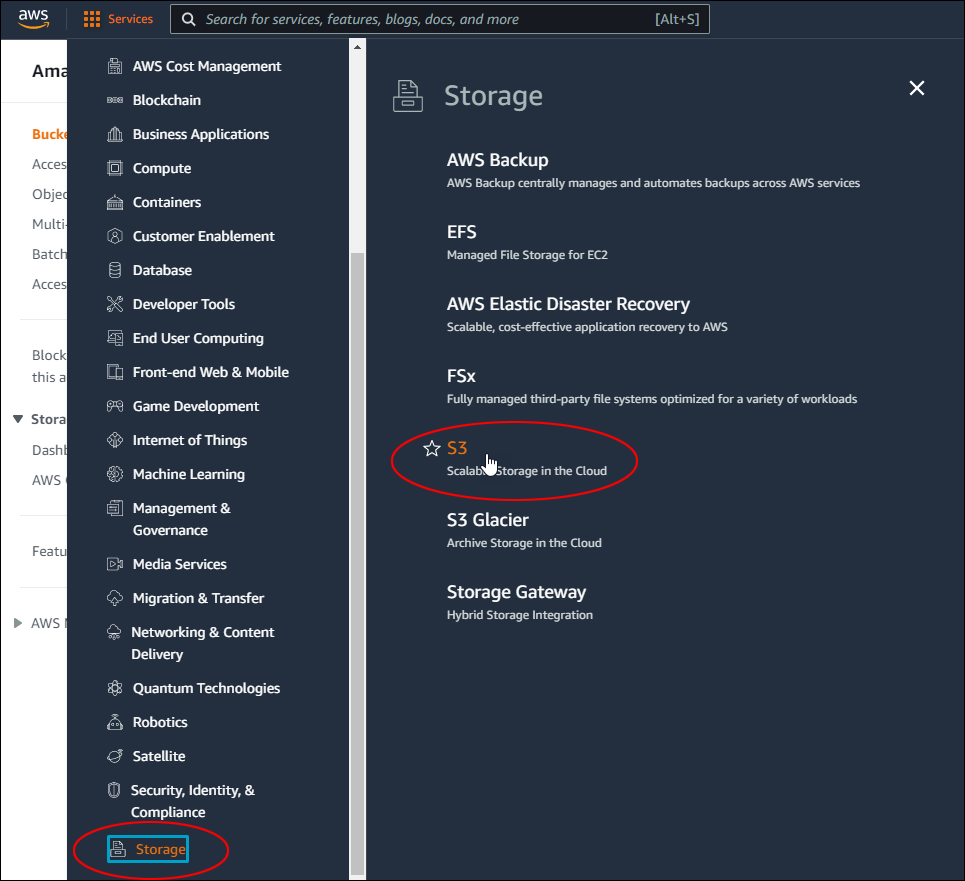 AWS account screen with S3 option highlighted.