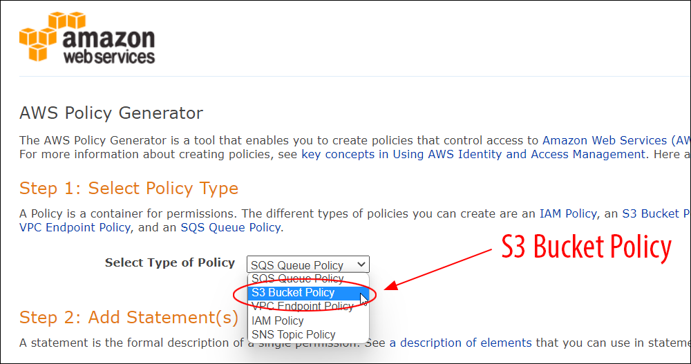 AWS Policy Generator - Select Type of Policy