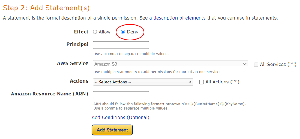 AWS Policy Generator - Add Statement(s) - Effect