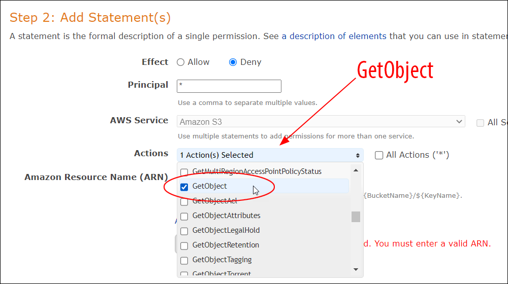 AWS Policy Generator - Add Statement(s) - Actions