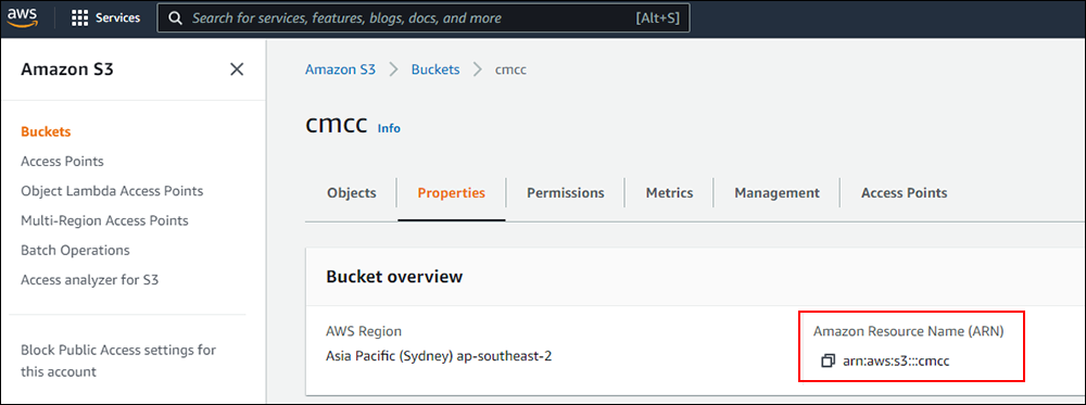 Amazon S3 Bucket Properties tab.