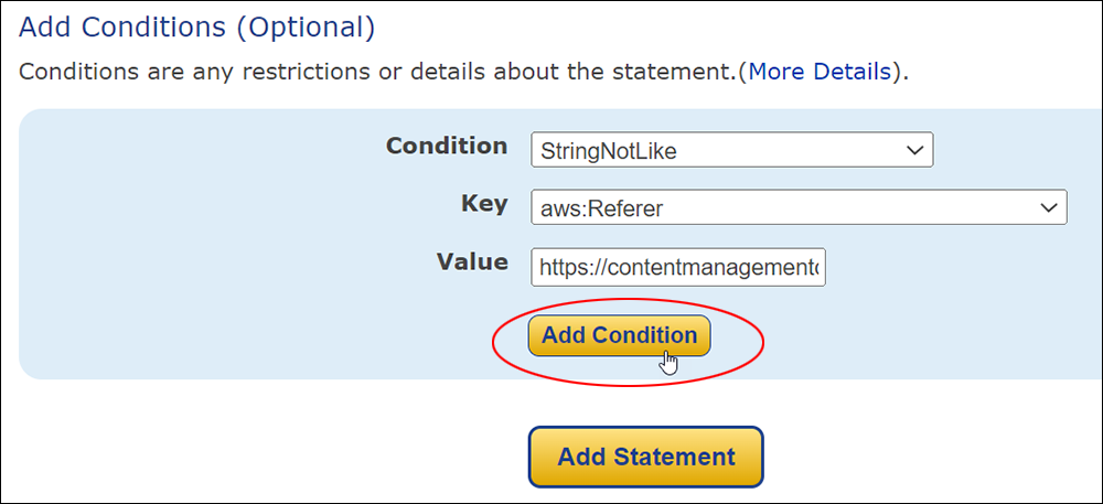 AWS Policy Generator - Add Conditions (Optional) with options selected.