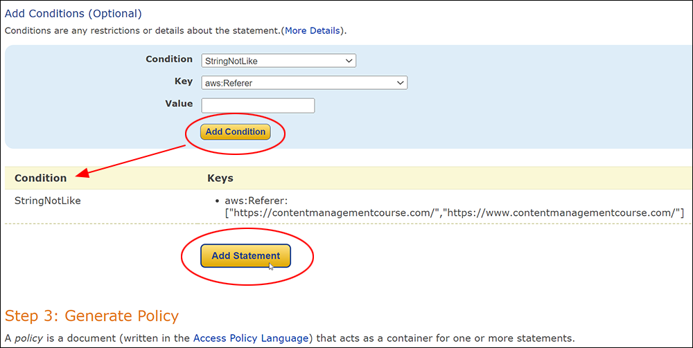 AWS Policy Generator - Add Conditions (Optional) with Condition added.
