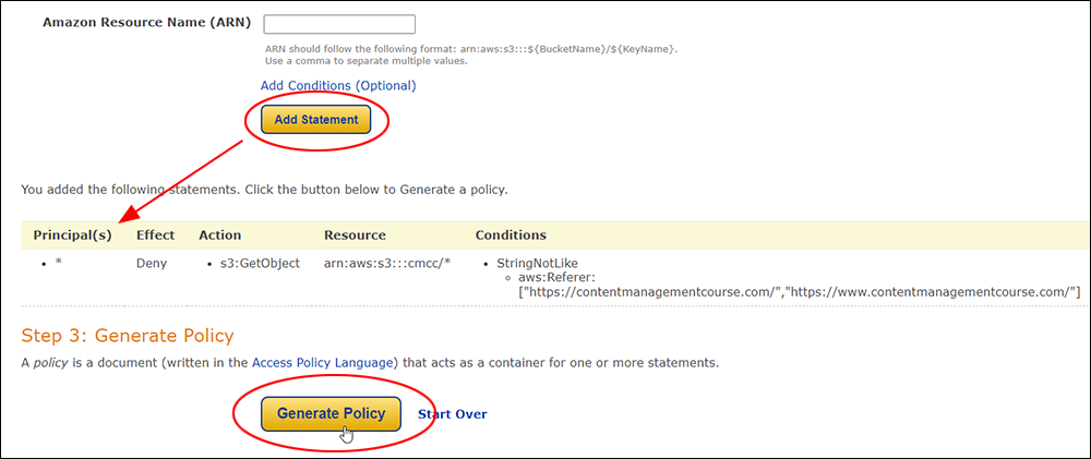 AWS Policy Generator - Step 3 Generate Policy ith button highlighted.