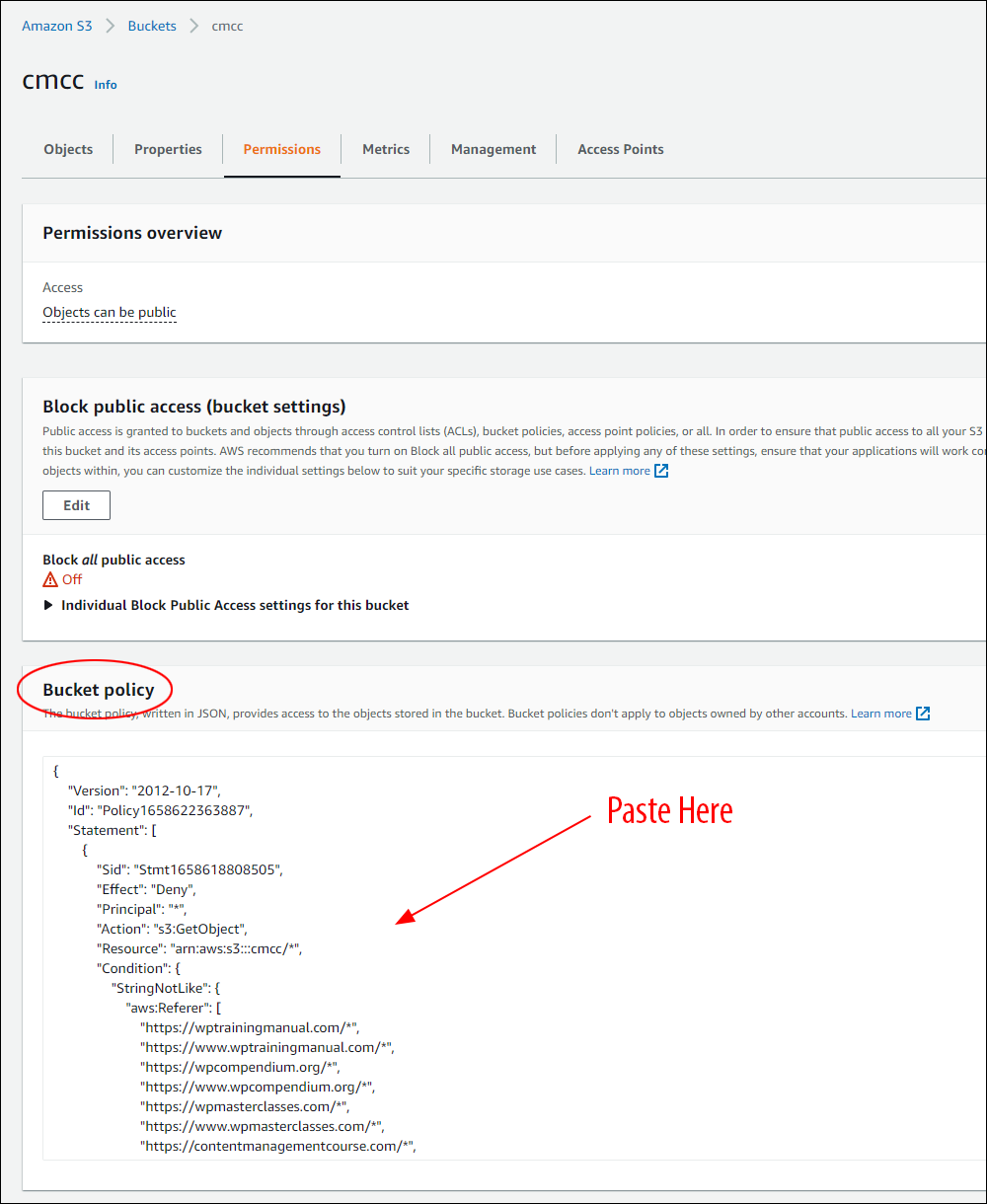 Prevent hotlinking. Amazon S3 account area - Bucket policy text area.