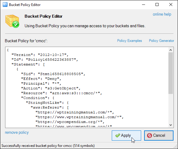 Prevent hotlinking with S3 Browser - Bucket Policy Editor