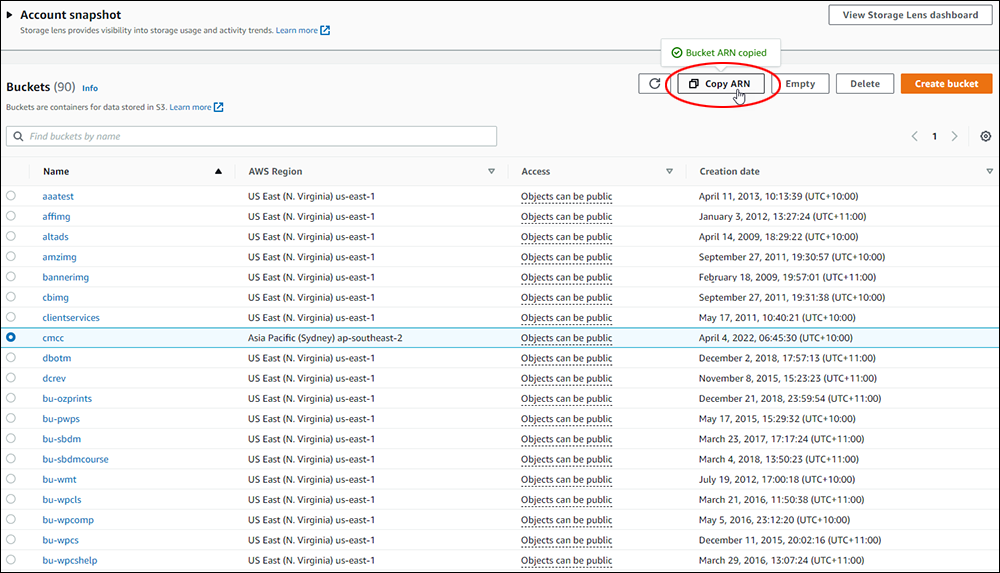 AWS account: S3 Buckets screen