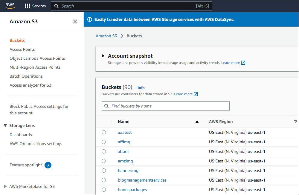 Amazon S3 Buckets screen