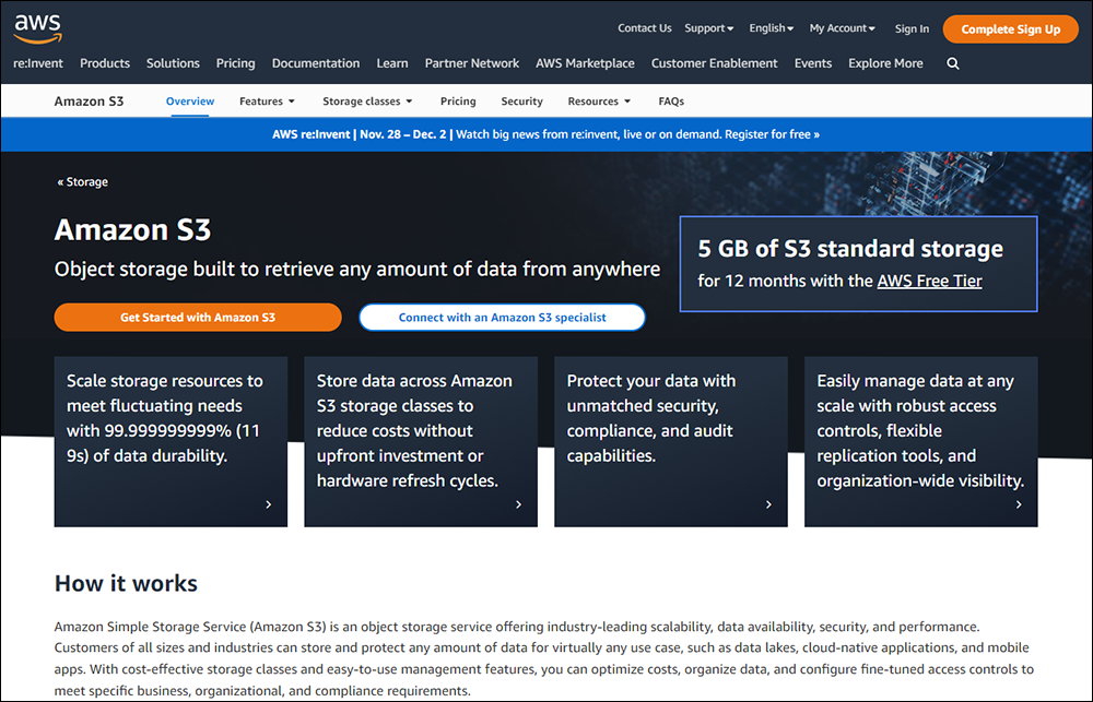 Amazon AWS website - Amazon S3