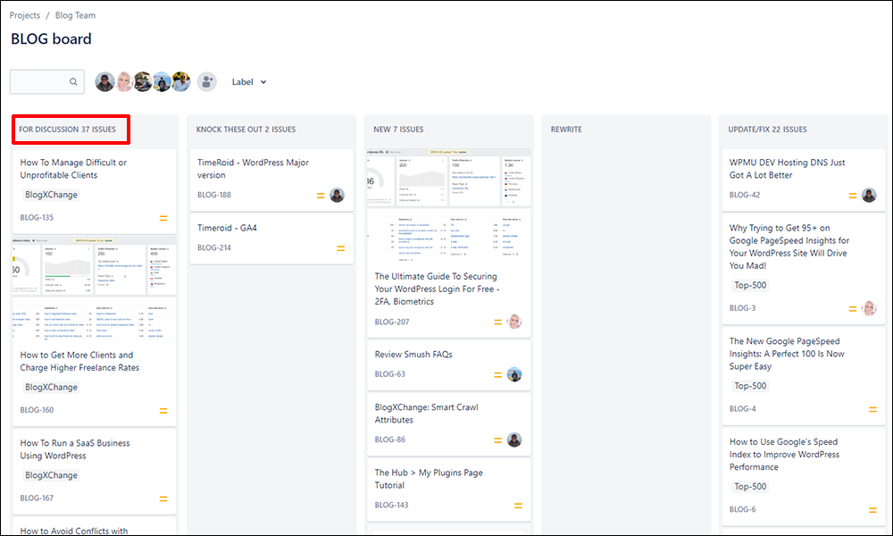 Screenshot of Jira board used for content planning.