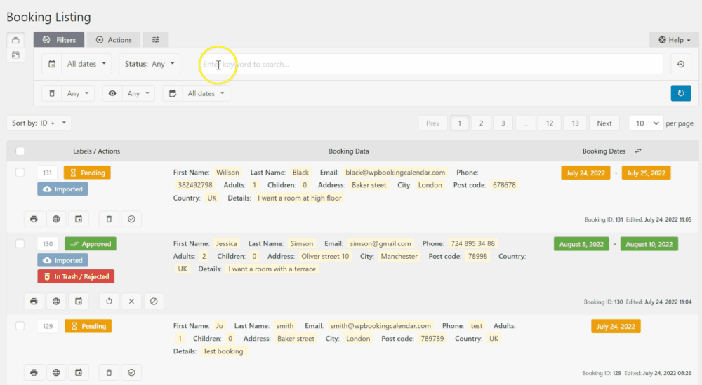 Booking Calendar - Booking Listing screen