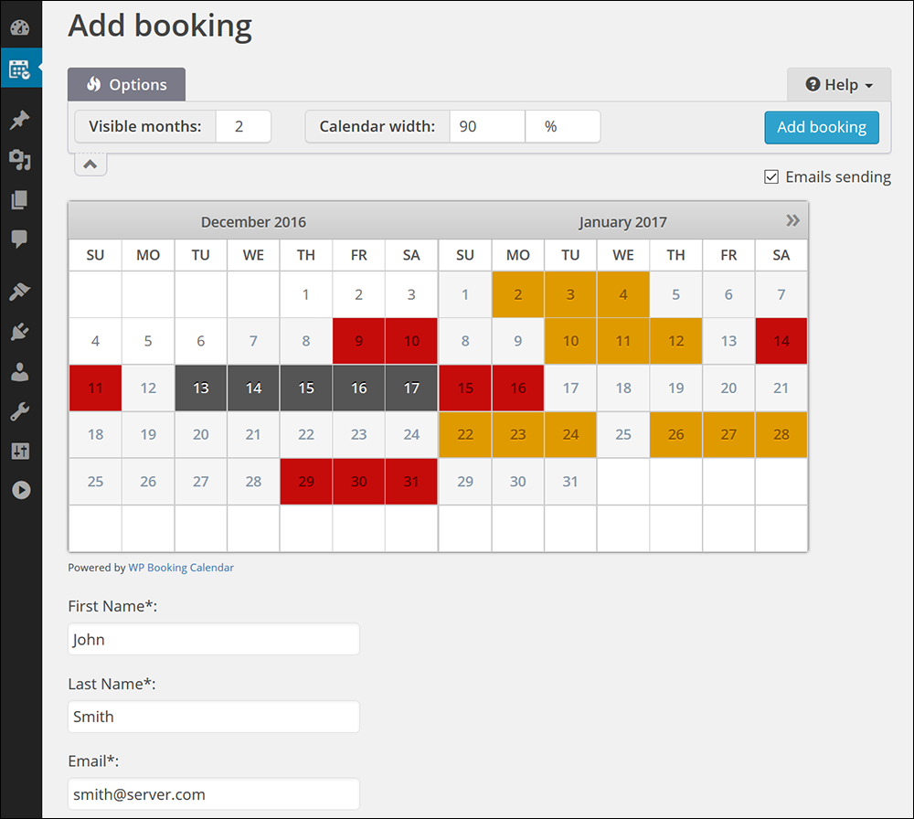 Booking Calendar - Add booking screen