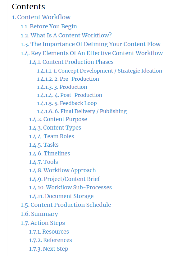 Screenshot of a ToC generated by the Easy Table of Contents Generator plugin.