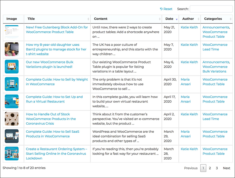 Screenshot of a table generated with the Posts Table with Search and Sort plugin.