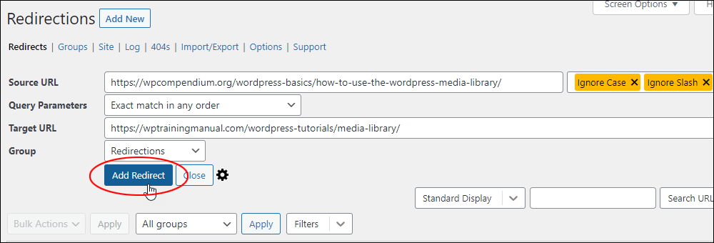 Redirections plugin screen - Content SEO tool.