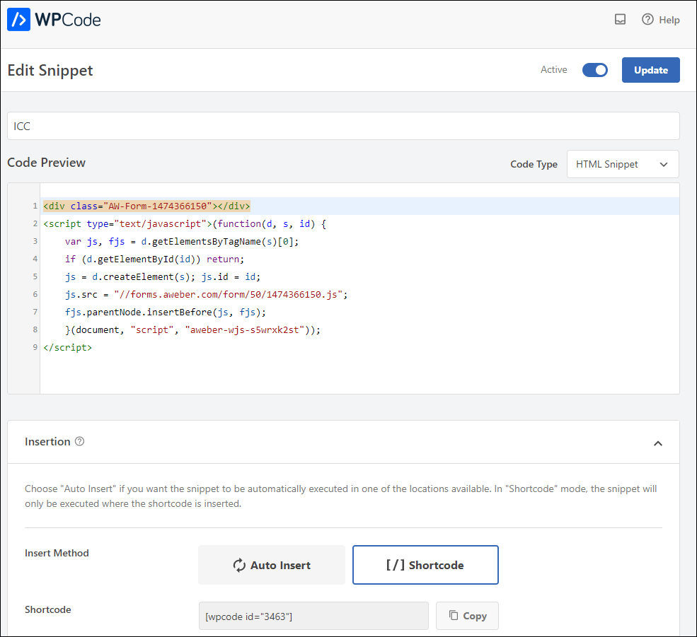 WPCode Edit Snippet screen.