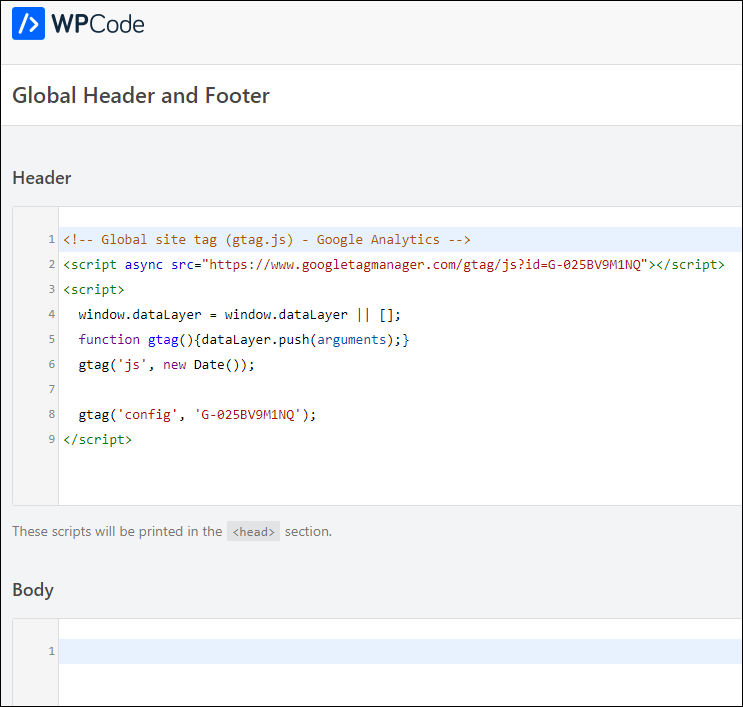 WPCode's Global Header and Footer screen.