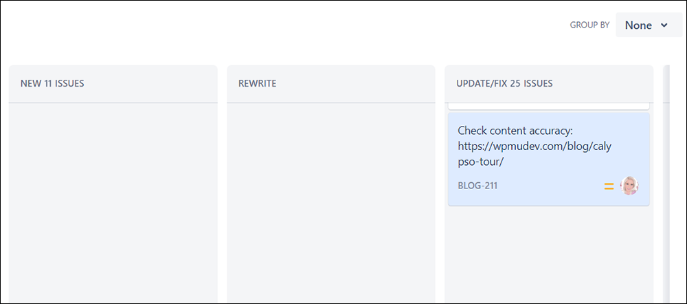 Screenshot of a section of a Jira board showing a task added to a workflow column.