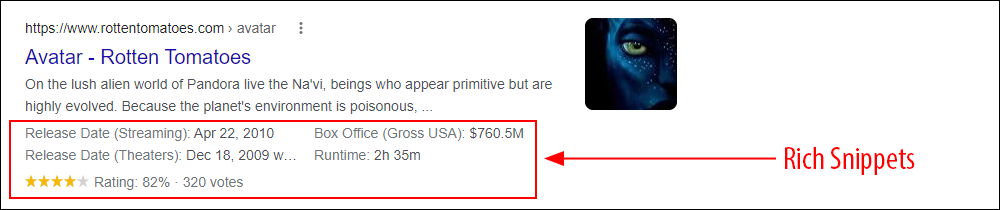 Example of rich snippets displaying on search results for a movie review