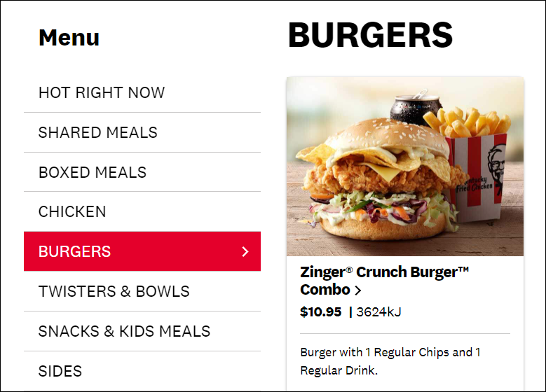 Screenshot of KFC Website