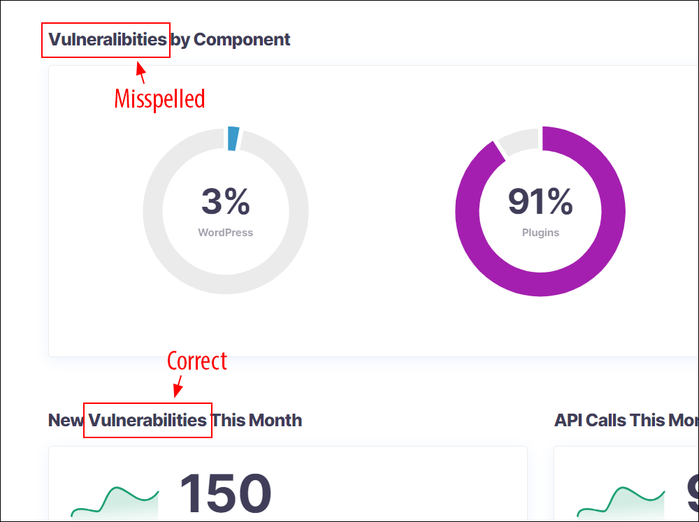 Screenshot of web page with a misspelled version of the word "Vulnerabilities" and a correctly-spelled version of the word.