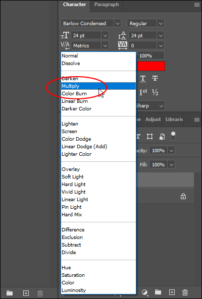 Photoshop Editor Screen - Blending Modes dropdown menu - Multiply