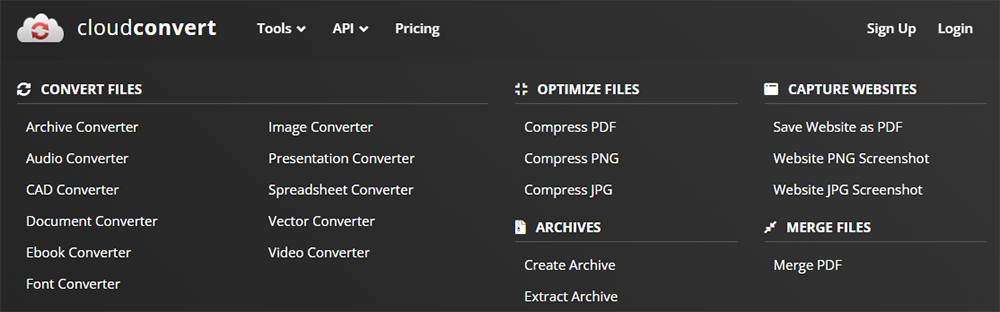 Cloud Convert - File Conversion Menu