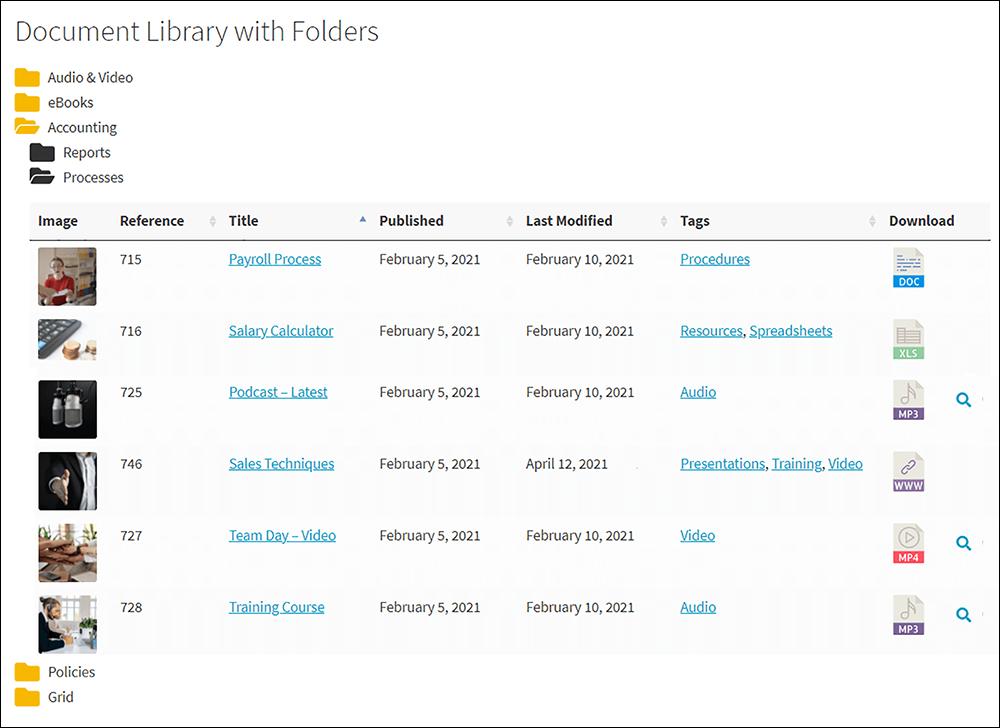 Screenshot of Document Library Pro WordPress document library plugin.