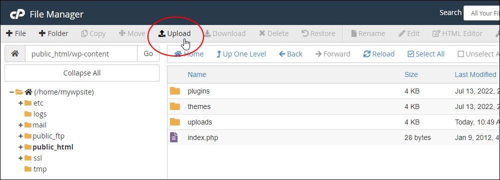 File manager - Upload button