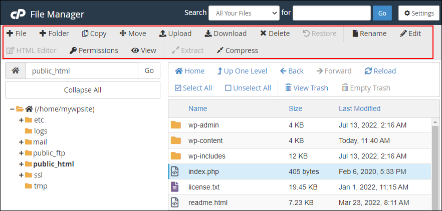 File Transfer Tools: cPanel File Manager - Functions