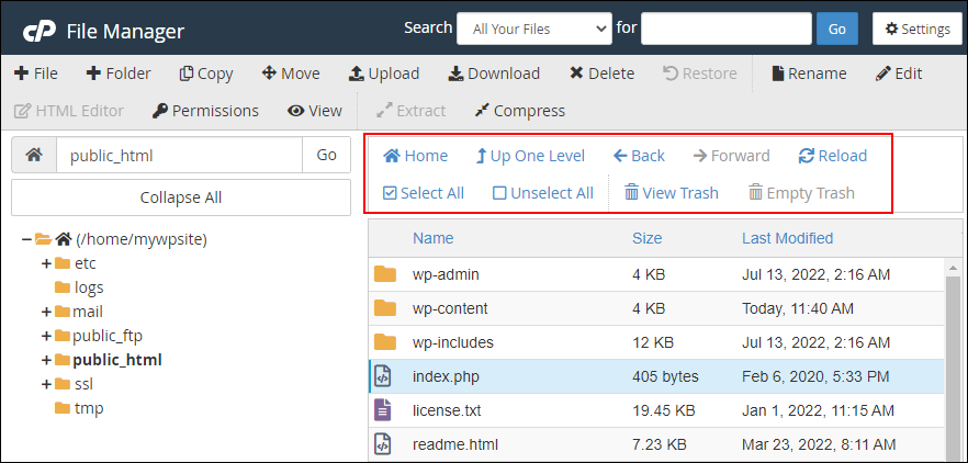 File Transfer Tools: cPanel File Manager - Navigation