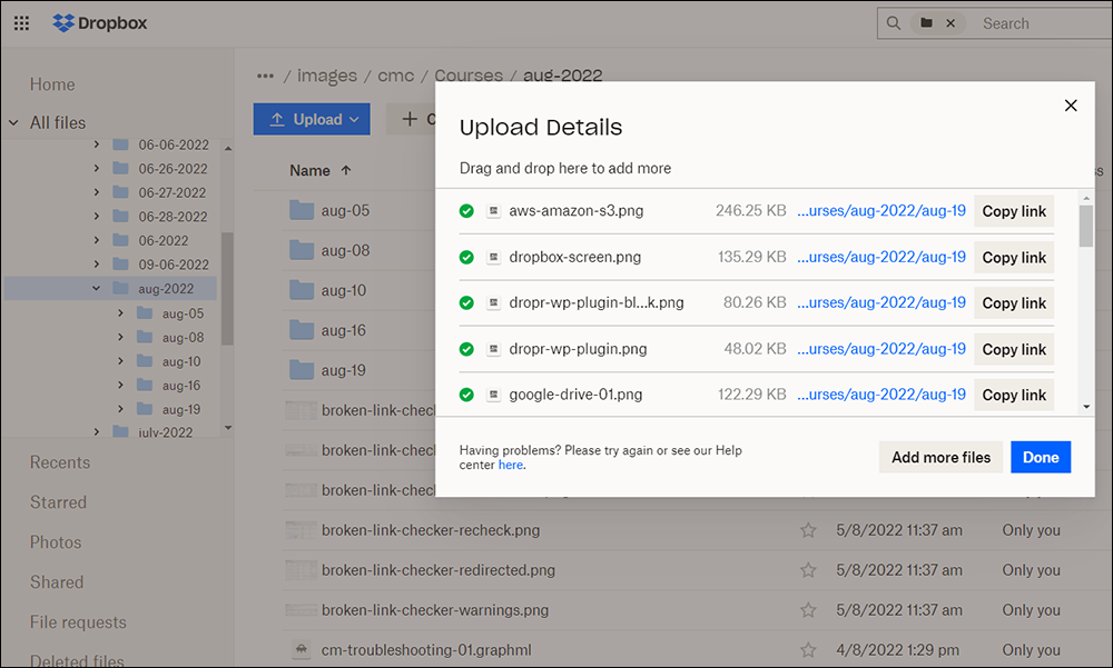 File Transfer Tool: Dropbox - Uploading screen.