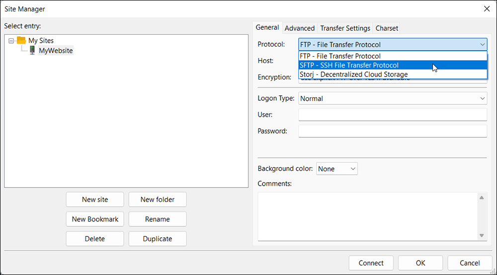 File Transfer Tools: FileZilla: Site Manager - SFTP - SSH File Transfer Protocol menu option.