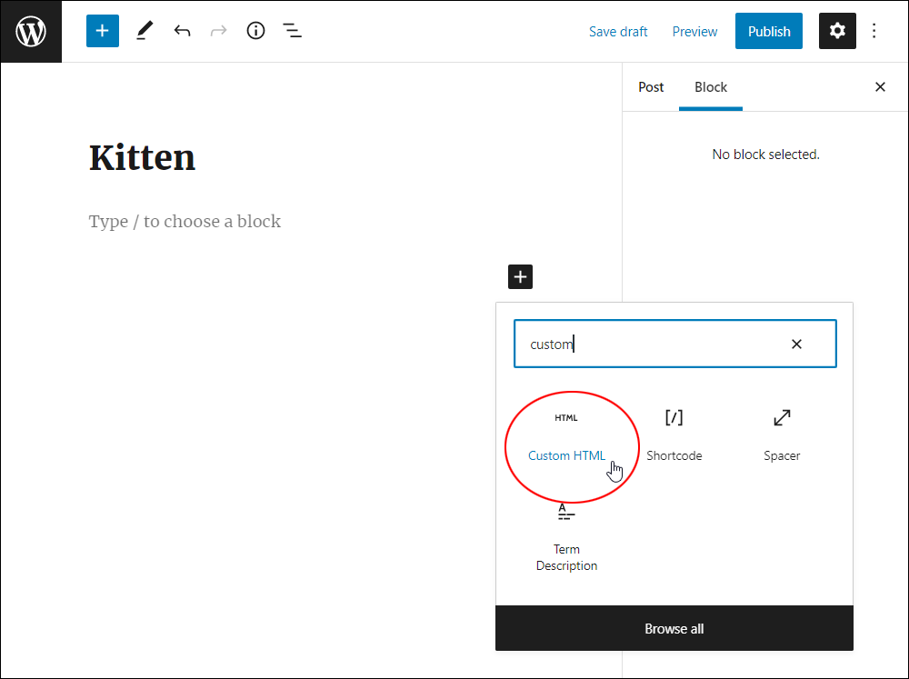 WordPress Block Editor - Custom HTML Block.