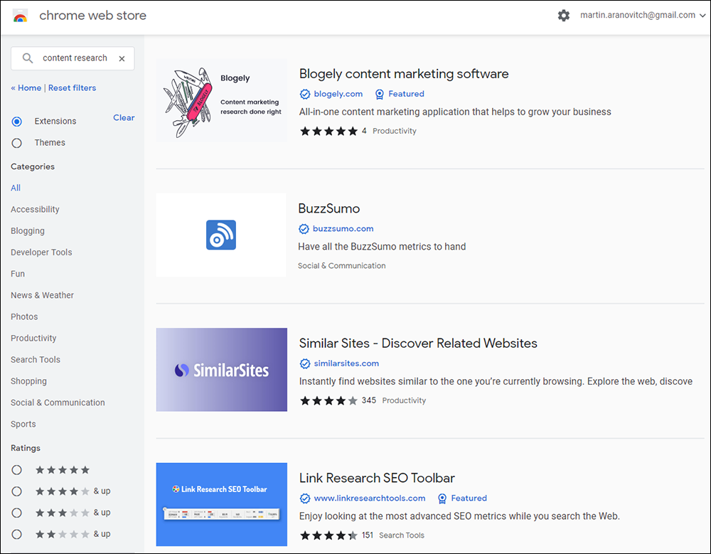 Chrome Web Store - content-research-related extensions.