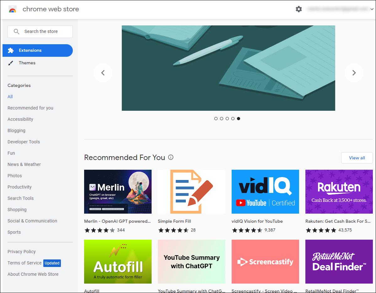 Chrome Web Store - Main screen