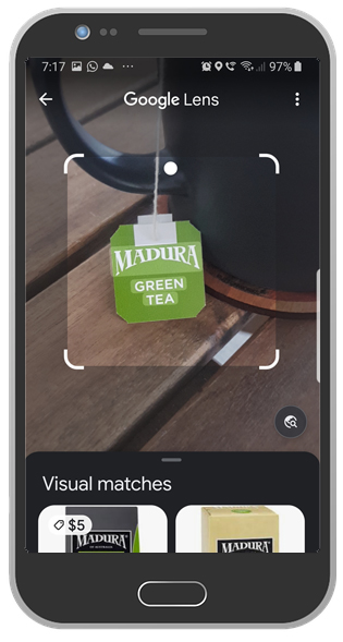 Image of a green tea bag label selected with Google Lens